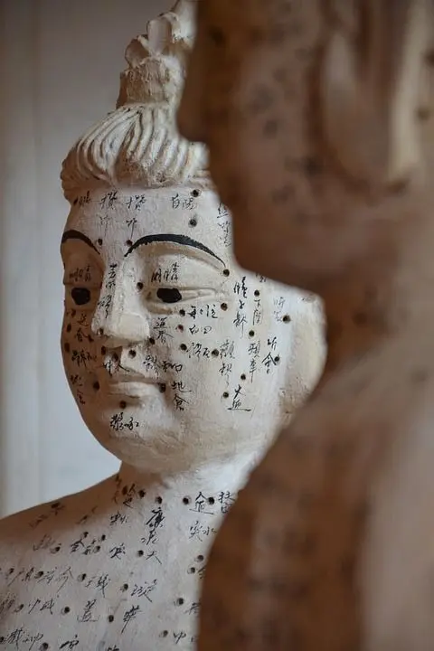 Traditional acupuncture model marked with meridian points