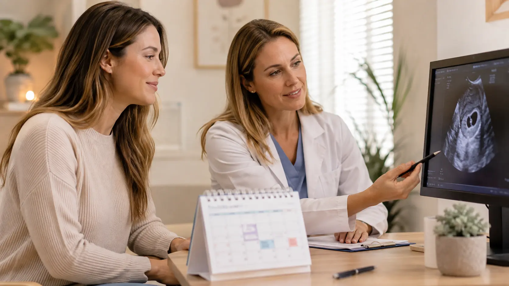A fertility clinician reviewing ultrasound monitoring and an IUI timeline with a patient