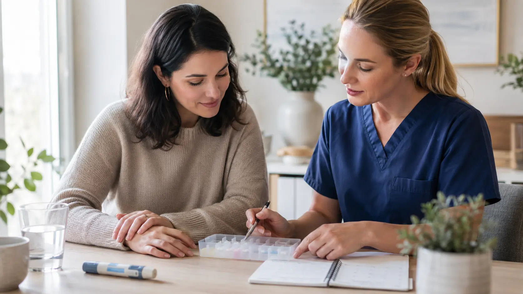 A clinician helping a patient organize an IVF medication and stimulation schedule