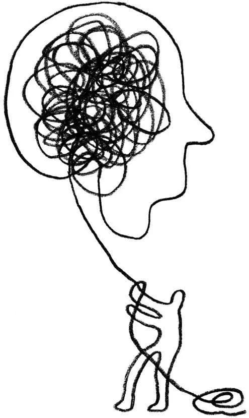 Minimal line illustration of a person gently untangling a busy mind