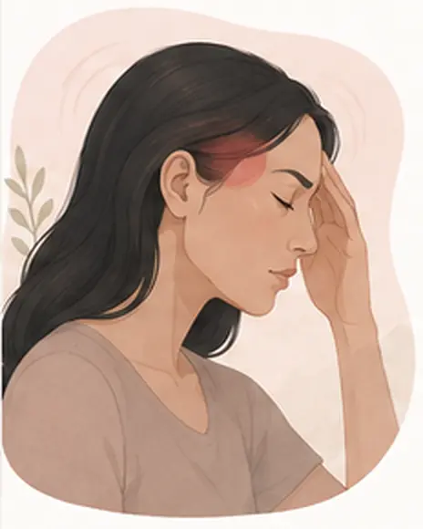 Illustration of a woman holding her temple during a cycle-related headache
