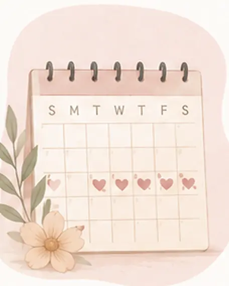Illustration of a menstrual tracking calendar with marked period days